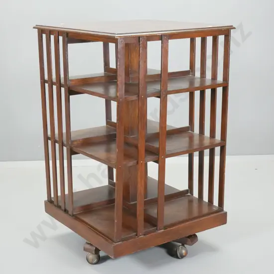 vintage oak revolving 4-sided bookcase on casters - some wear to polish H1050 W640 D640