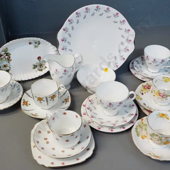 assorted Royal Albert teaware - 4 trios, 2 cups & saucers, cake plate, biscuit plate, cream & sugar