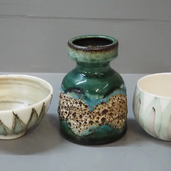 Small German pottery vase H- 120 and 2 pieces Hanmer pottery