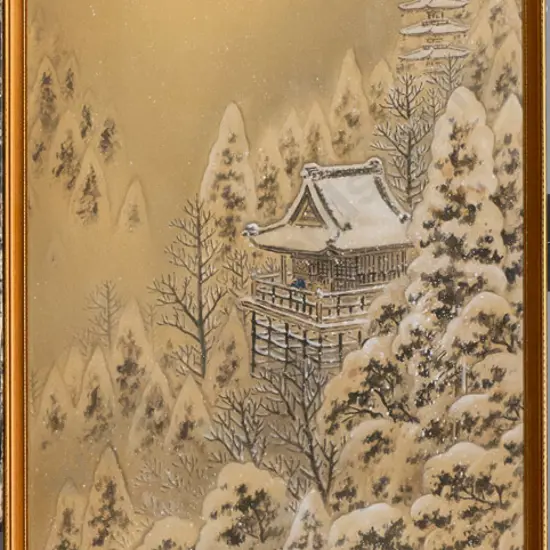 framed vintage Japanese painting on silk - temple in snow H-1050 W-400