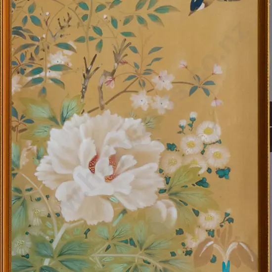 framed vintage Japanese painting on silk - bird and flowers H-1050 W-400
