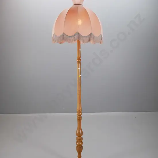mid-century tall turned column timber floor lamp w/ tasseled dome shade H2000 Shade D540