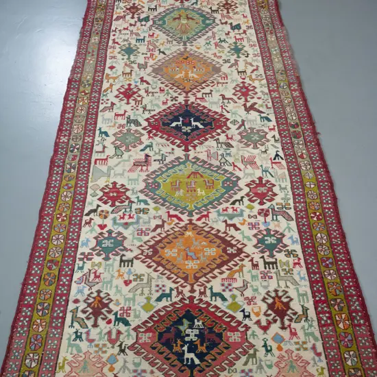 hand-knotted wool middle eastern floor rug - bird and animal motif L-2780 W-1090 (slight wear)