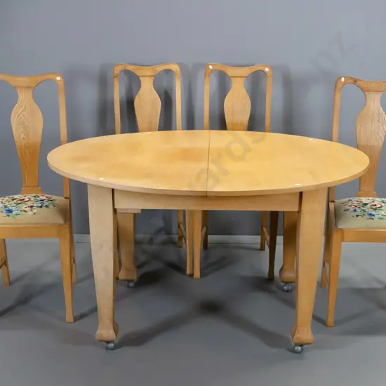 deco light oak 5-piece dining suite, tapestry seats, extending but missing leaf & winder, uneven polish H770 L1340 W1060