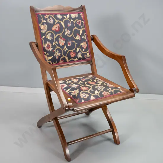 vintage campaign style chair w/tapestry seat and back, has plaque w/ 'Henry Sanders Dunedin' H820 W490 D540