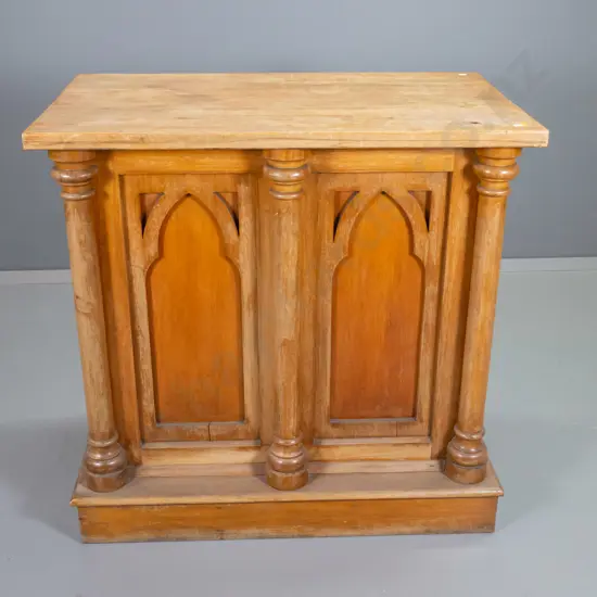 vintage kauri ecclesiastical style stand/cabinet w/open back, columns on front & sides, polish needs work H890 W910 D950