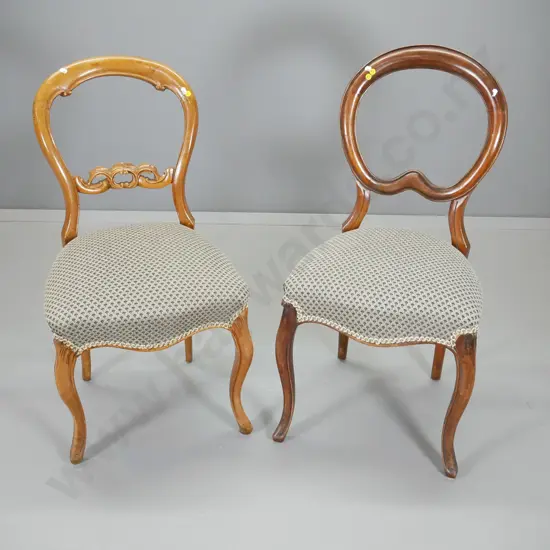 2 Victorian walnut dining chairs w/damask seats, one with carved rail has had repair, is a bit wobbly H900 W440 D400