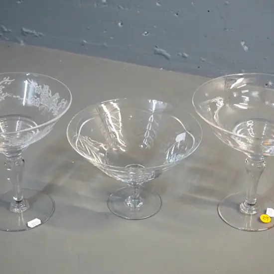 3 comports - 2 etched Stuart crystal H-170 and one other cut crystal