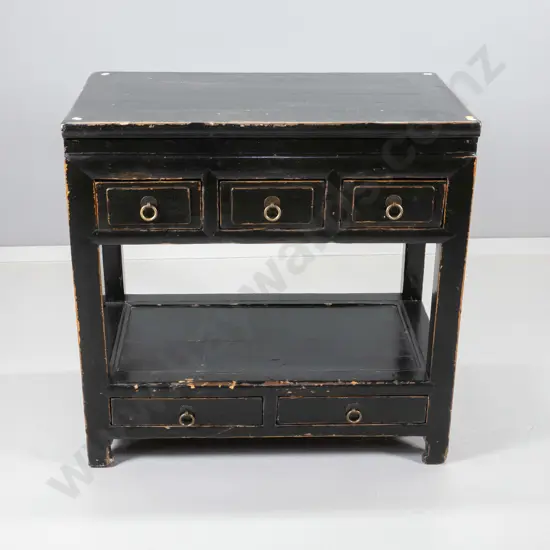 reproduction Chinese hall table - 5 drawers w/metal drop handles - some rubbing to black lacquer finish H730 W750 D430