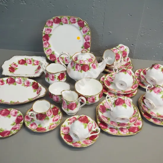 Royal Albert Old English Rose teaware - 6 trios, 2 coffee cans & saucers, jugs, plates etc - teapot has chip under lid