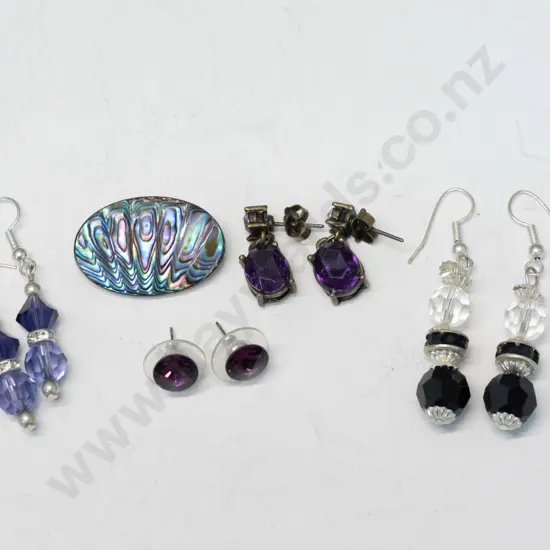 paua shell brooch stamped stgsil  & 4 pairs of earrings