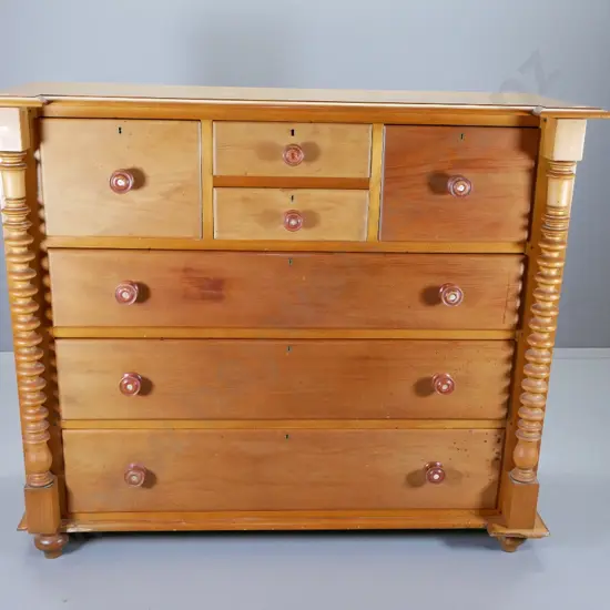antique solid kauri 7-drawer Scotch chest - cotton reel columns need fixing, back has borer (treated) H1280 W1500 D560