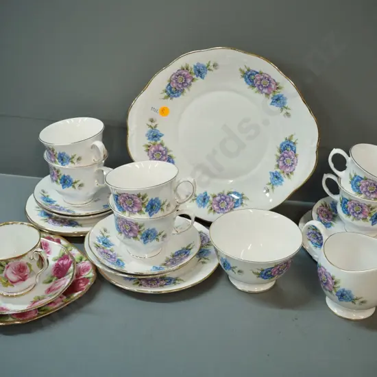 Queen Anne 21-piece floral tea set and a Royal Albert Old English Rose trio