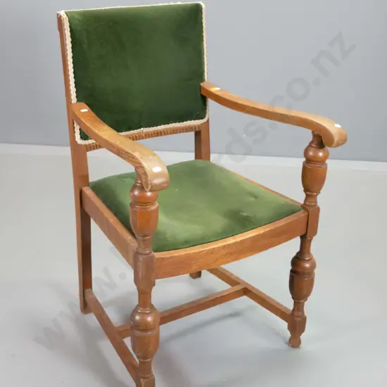 oak occasional chair with turned front legs, stretcher base, green velvet seat & back - polish wear. H910 W550 D560
