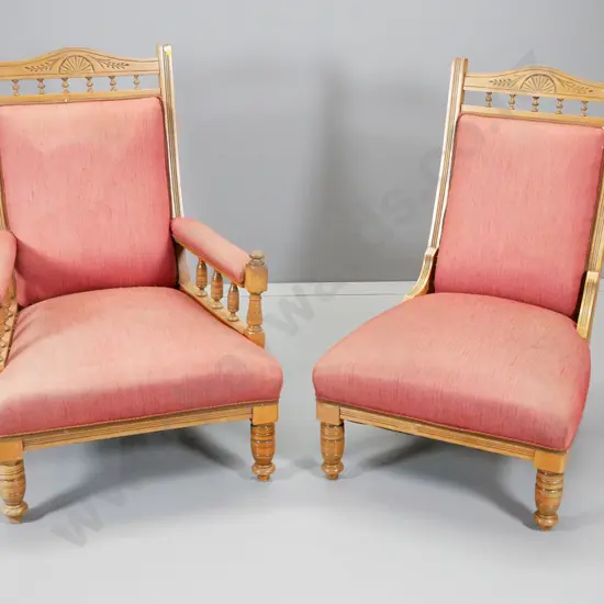 pair Edwardian carved (kauri?) lounge chairs with spindles - polish wear, stains H1010 W700 D790