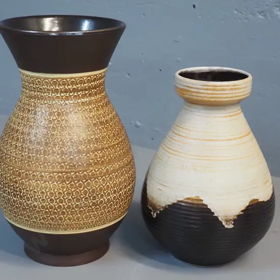 2 German pottery vases, taller one w/ incised pattern H-250
