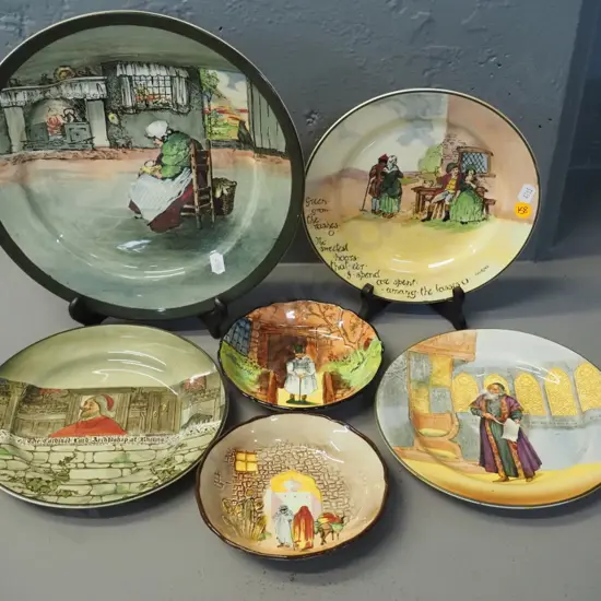 6 Royal Doulton china items - 4 plates and 2 sweet dishes - largest is 'The Cat in the Doorway' D-260
