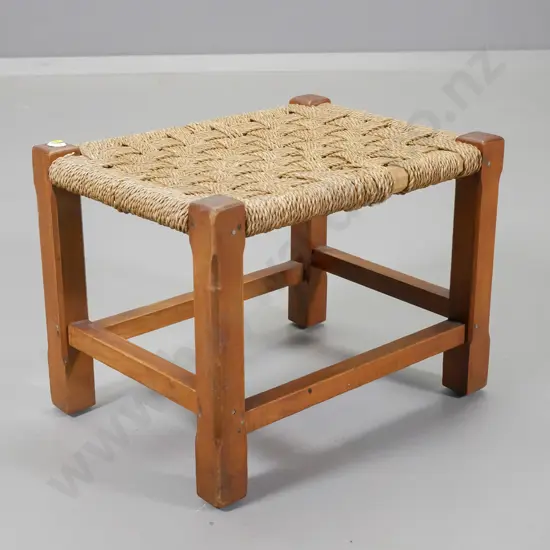 vintage timber and woven seagrass foot stool - some missing seagrass strands H290 W370 D270
