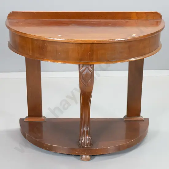Victorian mahogany half-round hall table w/ball & claw centre leg - chips and crack to base H750 W900 D470