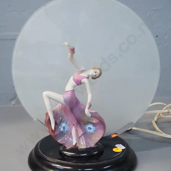 deco table lamp with frosted glass disc and dancing woman figurine - both glass and figure are loose H270