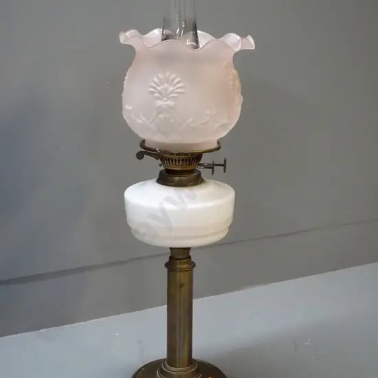 brass, frosted pink and milk glass based kerosene lamp with chimney H-650