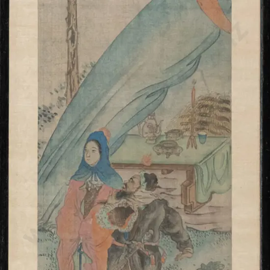 framed Asian watercolour on silk  (crack to glass) H-540 W-160