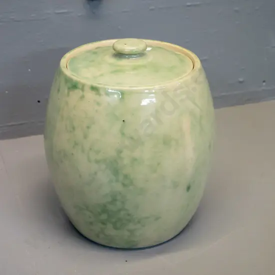 green mottled stoneware lidded crock - likely Timaru H-190 D-190