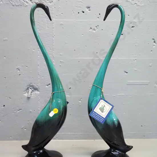 pair of tall long-necked Blue Mountain pottery swans H-470