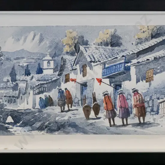 Del Valle - framed watercolour - village scene H-220 W-550 (frame needs attention)