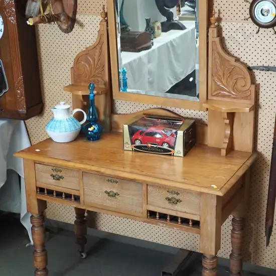 vintage colonial style rimu dressing table w/ bevelled tilt mirror in carved frame, 3 drawer, splits in top H1740 W1050