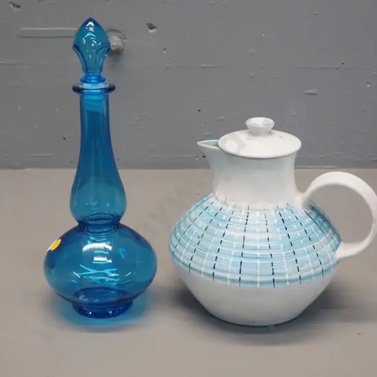 retro Denby large teapot (some staining) and a blue glass stoppered bottle H200 - damage to plastic stopper liner