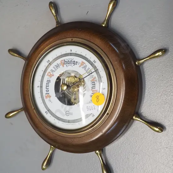 small German 'Barigo' wood-cased ship's wheel motif wall barometer. Outer D-220