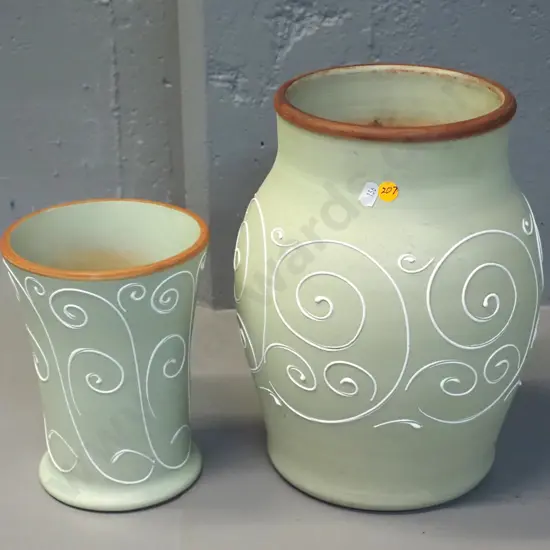 2 large Denby matte glaze with applied swirls vases - larger one is H-320