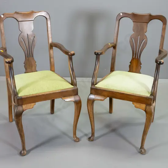 pair of mahogany splat-back occasional chairs, green velvet seats, some movement in arms, polish wear H940 W510 D490
