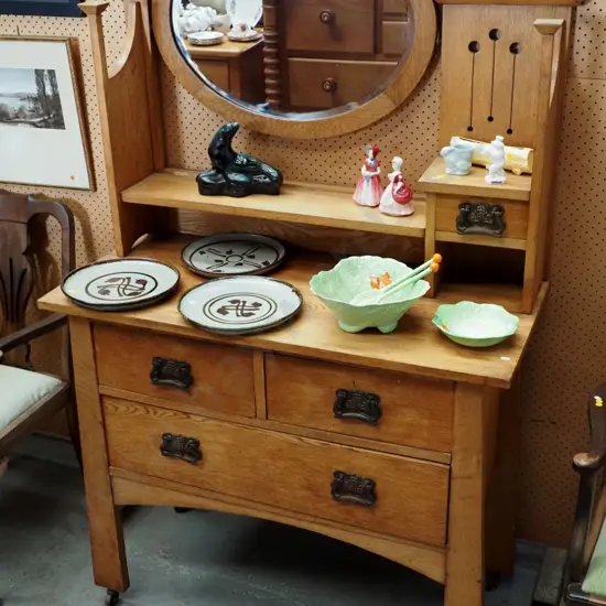 deco oak 3-drawer dressing table w/oval mirror & jewellery drawer in top, copper finish handles H1710 W1070 D510
