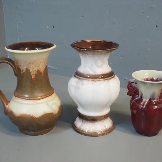3 German pottery trickle glaze vases, 2 high glaze, taller ones H-220