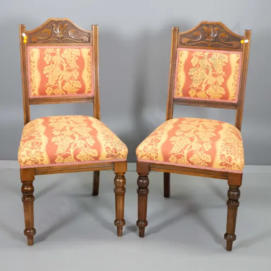 pair of Edwardian dining chairs w/carved top rail, brocade upholstered seat & back H920 W440 D460