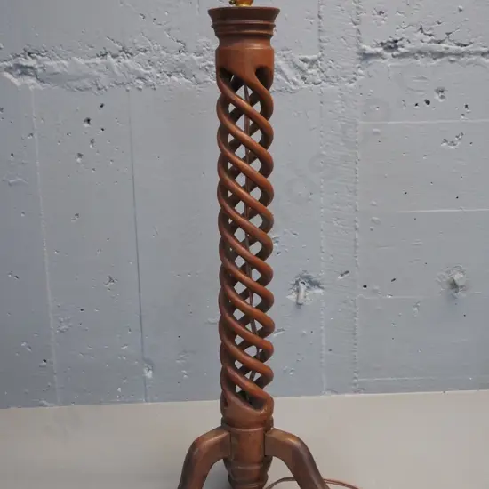 vintage timber 3-footed twisted column table lamp base, no shade, missing brass retaining ring H640