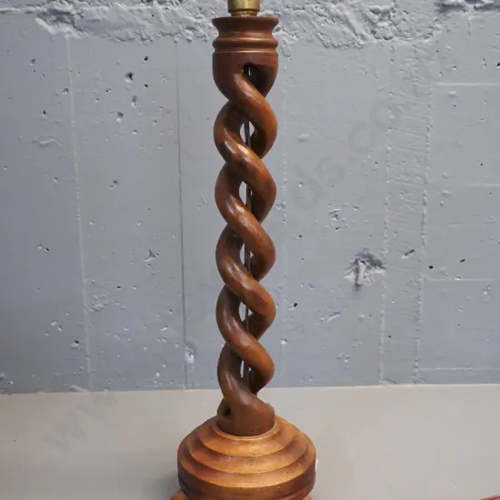 vintage timber 3-footed twisted column table lamp base, no shade, missing brass retaining ring H560