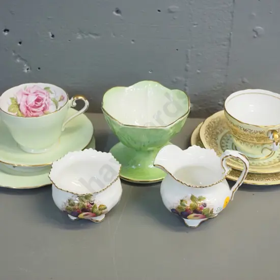 2 Aynsley trios, a cream & sugar, and a Maling lustre coupe dish