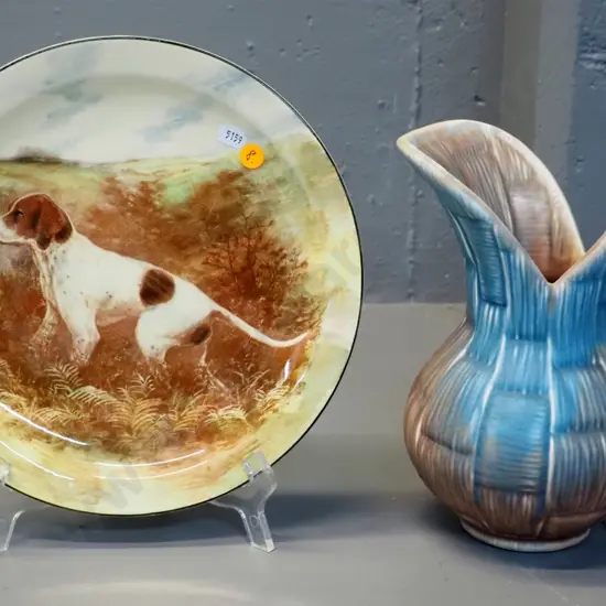 Royal Doulton hunting dog cabinet plate D-265 and a retro Crown Devon jug