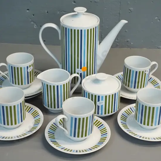 retro Mikasa coffee set including coffee pot, 5 cups & saucers, spare saucer, cream & sugar