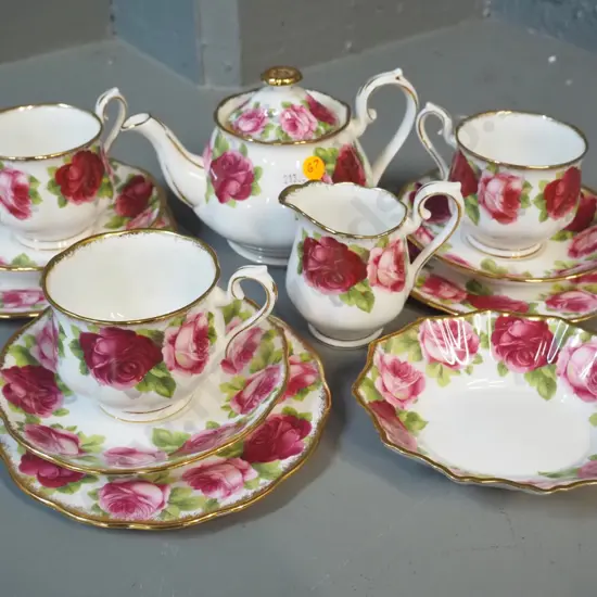 Royal Albert Old English Rose tea ware - small teapot and jug, 3 trios, sweet dish