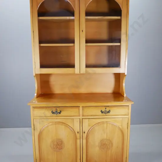 vintage rimu dresser with arch panel doors, 2 glazed and 2 carved, 2 drawers, some splitting H2200 W1100 D440