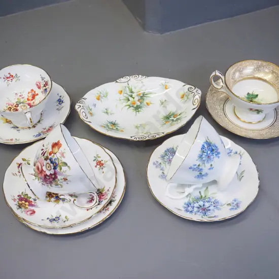 Hammersley china items - trio, 3 cups & saucers, daffodil pattern dish