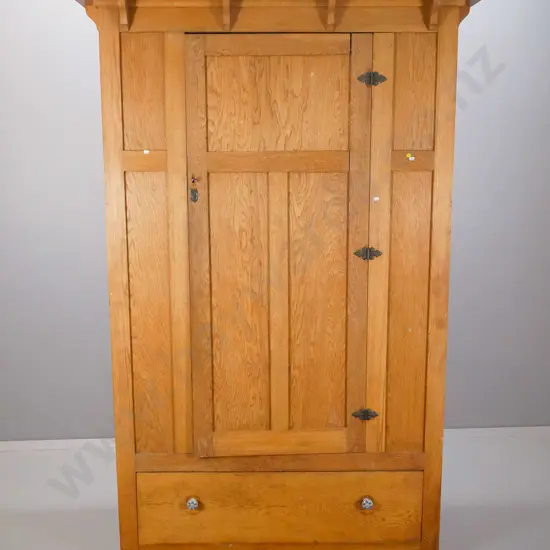deco oak single door wardrobe, with key, non original handles, damaged escutcheon, twist to door H2020 W1320 D550