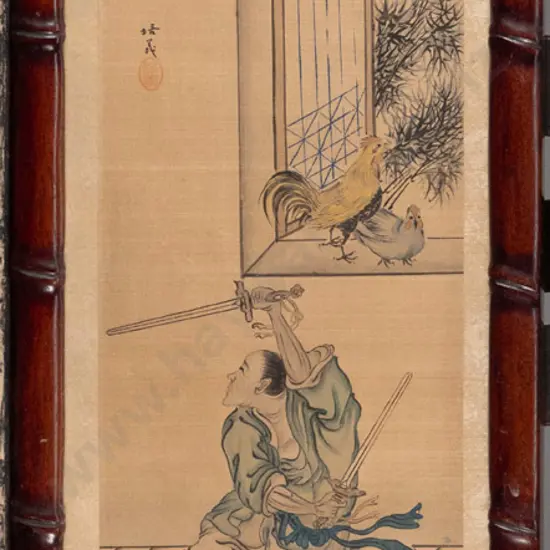 framed Asian watercolour on silk  H-400 W-140