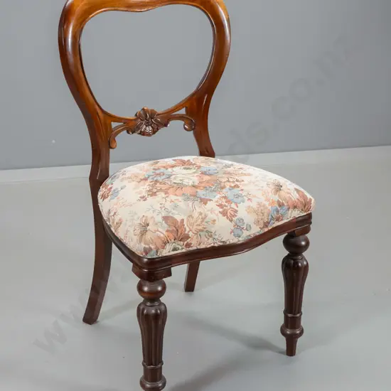 Victorian mahogany balloon back dining chair w/carved back rail, floral tapestry, some fading to polish H910 W460 D420