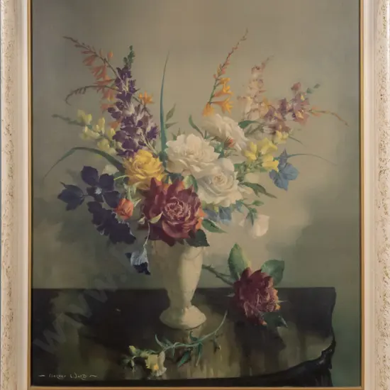 framed Vernon Ward print - still life flowers H-550 W-450