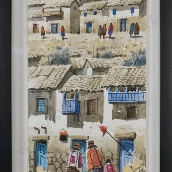 Del Valle - framed watercolour - village scene H-550 W-220